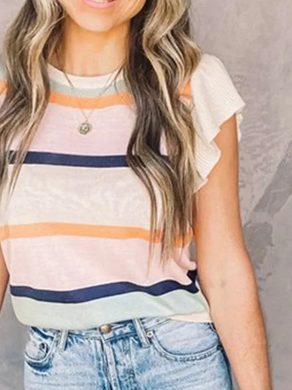 Striped Colorblock Flutter Sleeve Knit Top