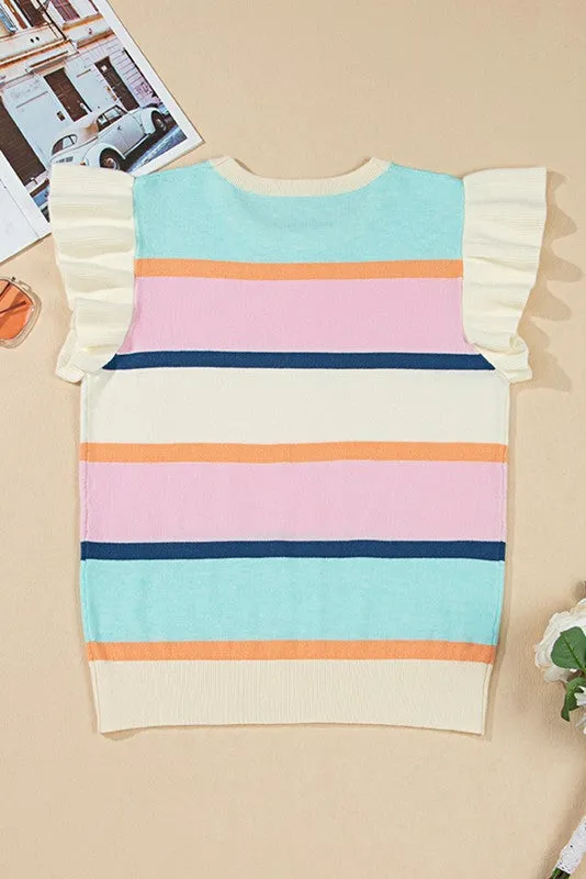 Striped Colorblock Flutter Sleeve Knit Top