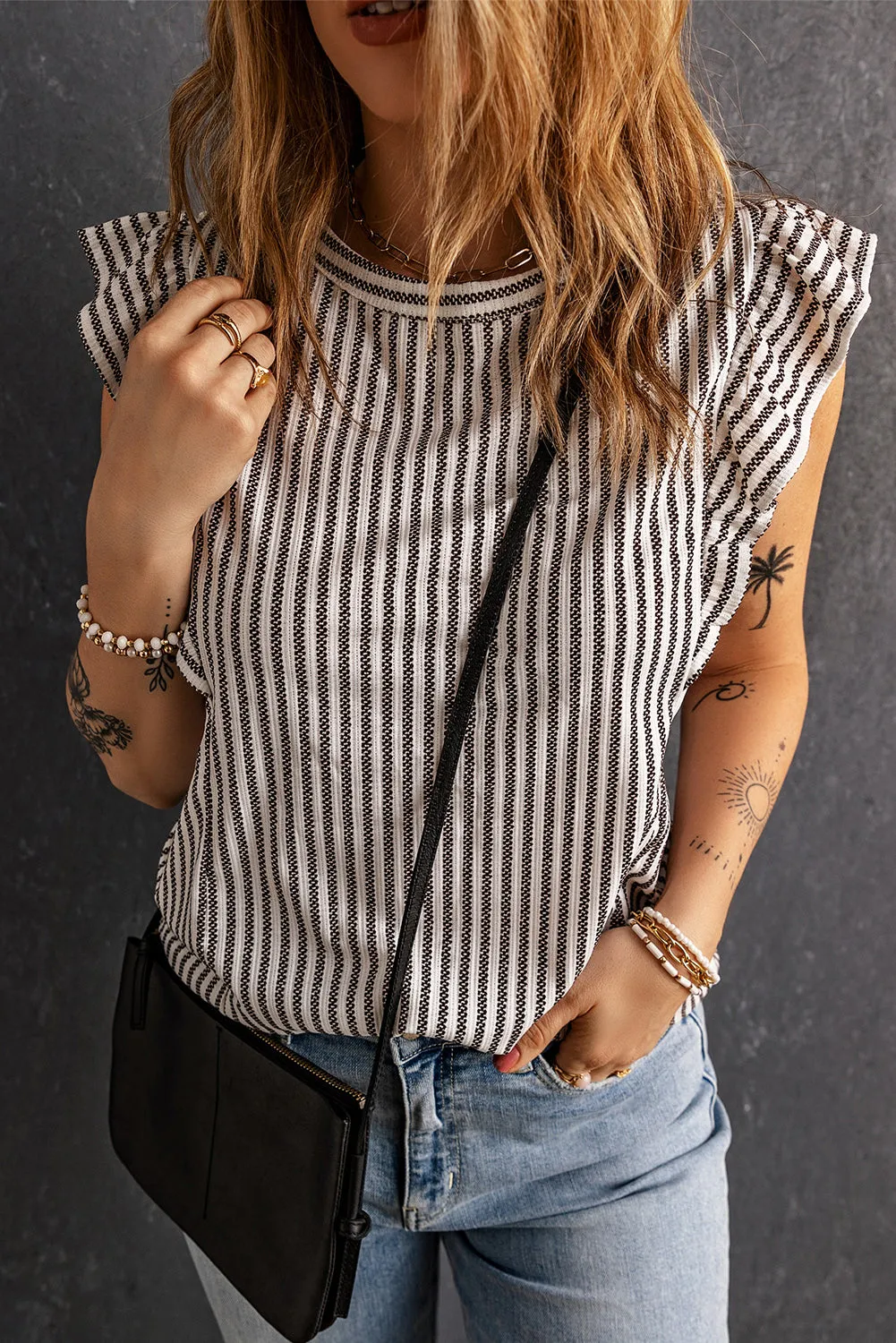Striped Flutter Sleeve Top S-2XL