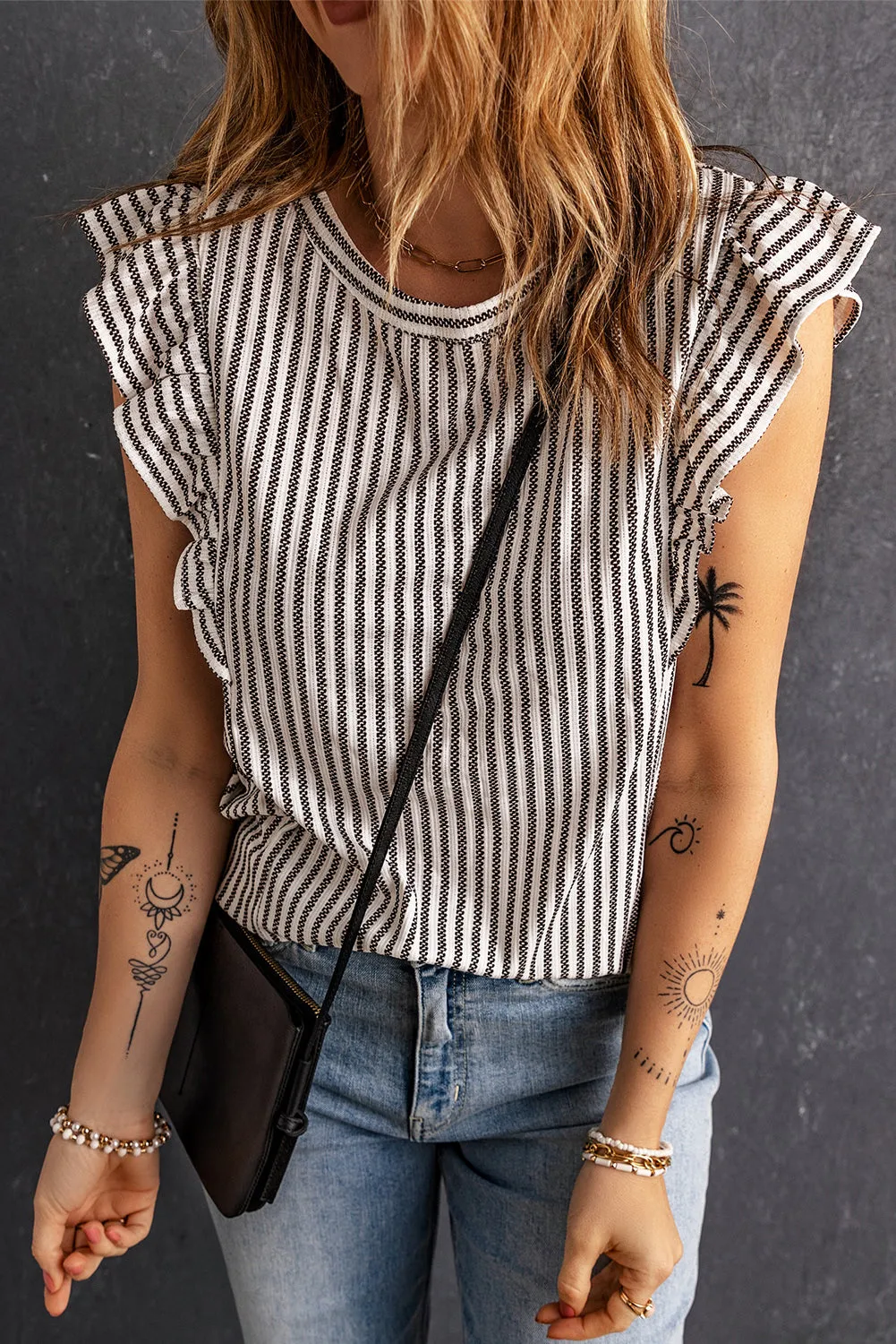 Striped Flutter Sleeve Top S-2XL