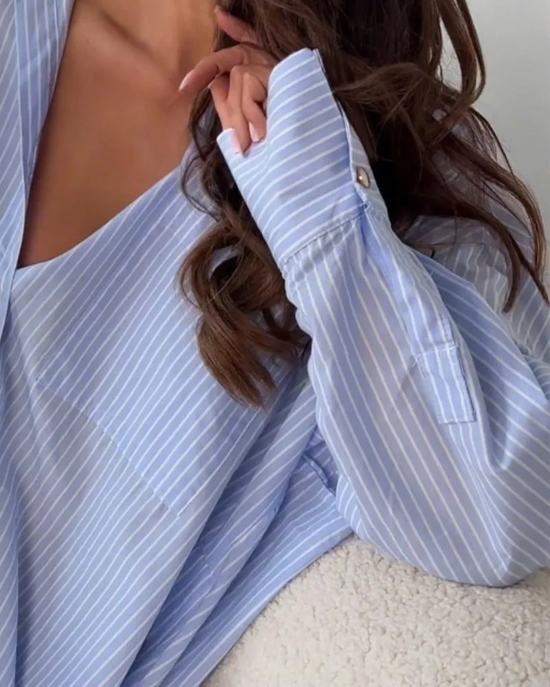Striped Print Turn down Collar Long Sleeve Blouse Casual Button Down Top