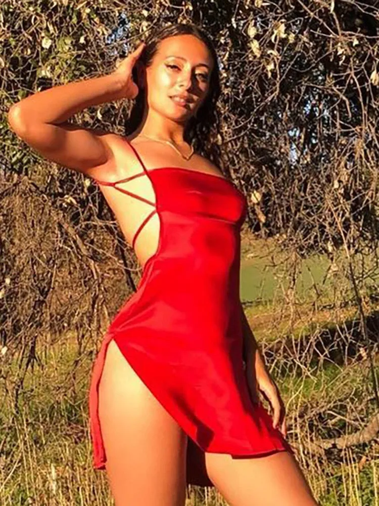Summer  Bodycon White  Red Y2k High Split Mini Bandage Dress  Women