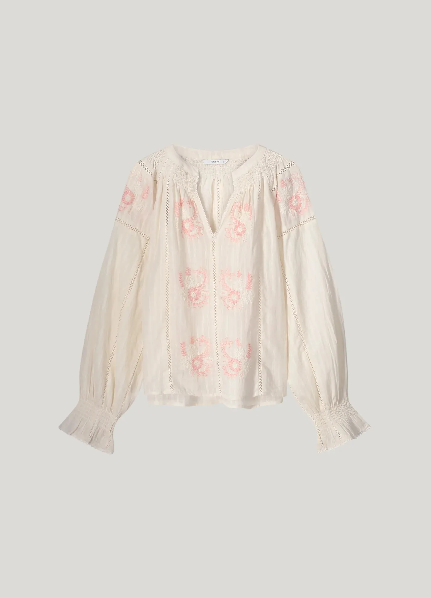 Summum Cream Boho Blouse With Pink Embroidered Flowers