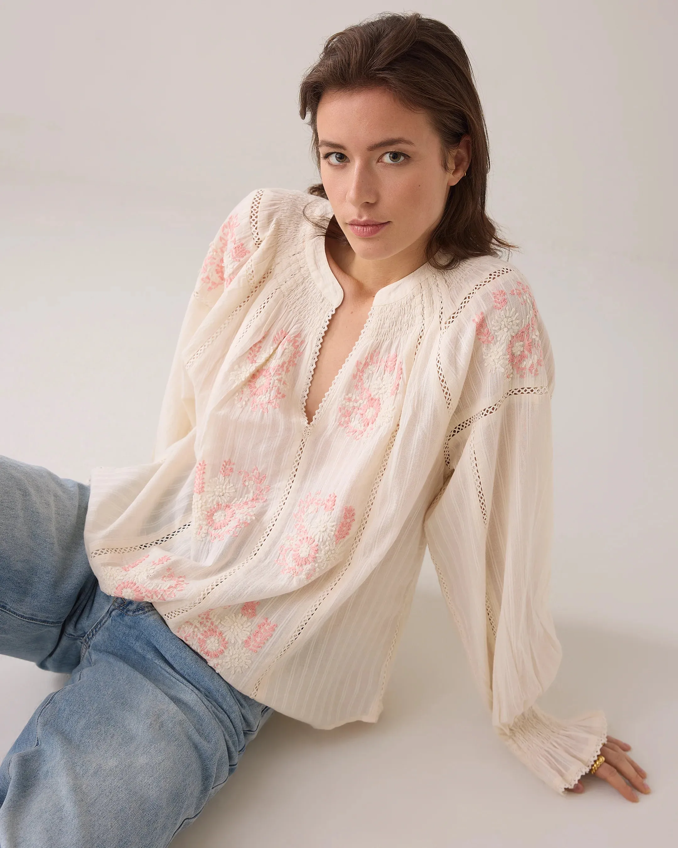 Summum Cream Boho Blouse With Pink Embroidered Flowers