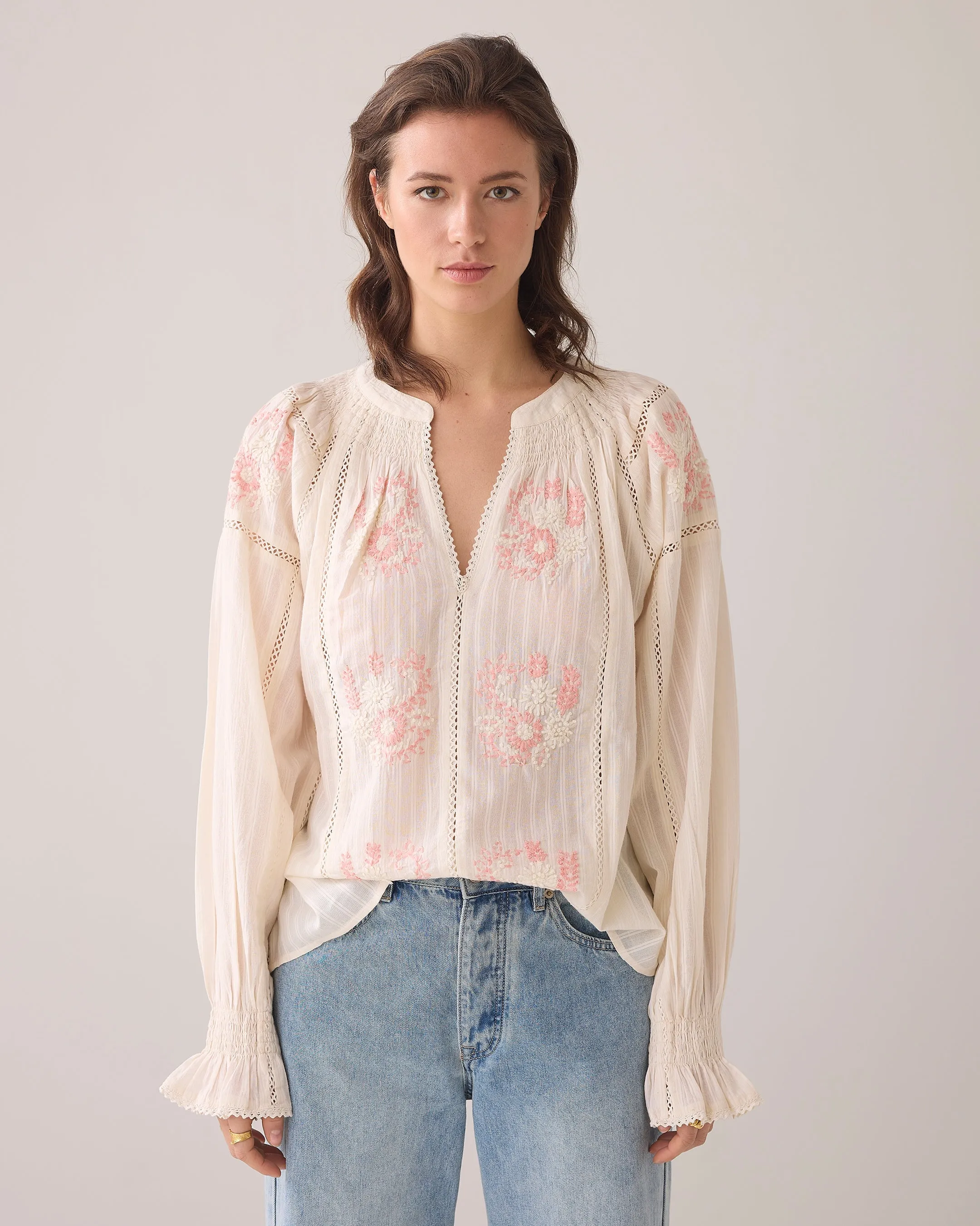 Summum Cream Boho Blouse With Pink Embroidered Flowers