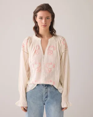 Summum Cream Boho Blouse With Pink Embroidered Flowers