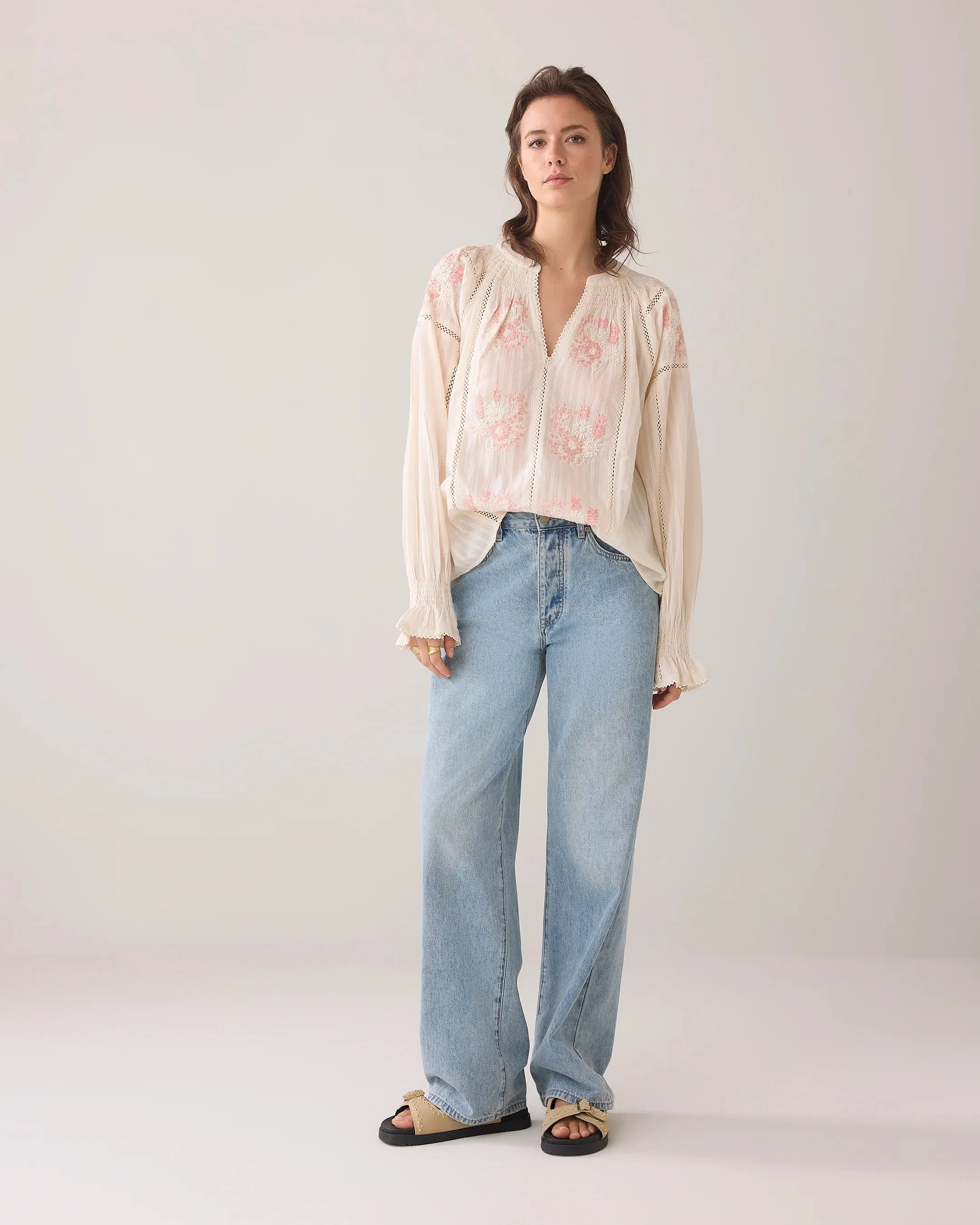 Summum Cream Boho Blouse With Pink Embroidered Flowers