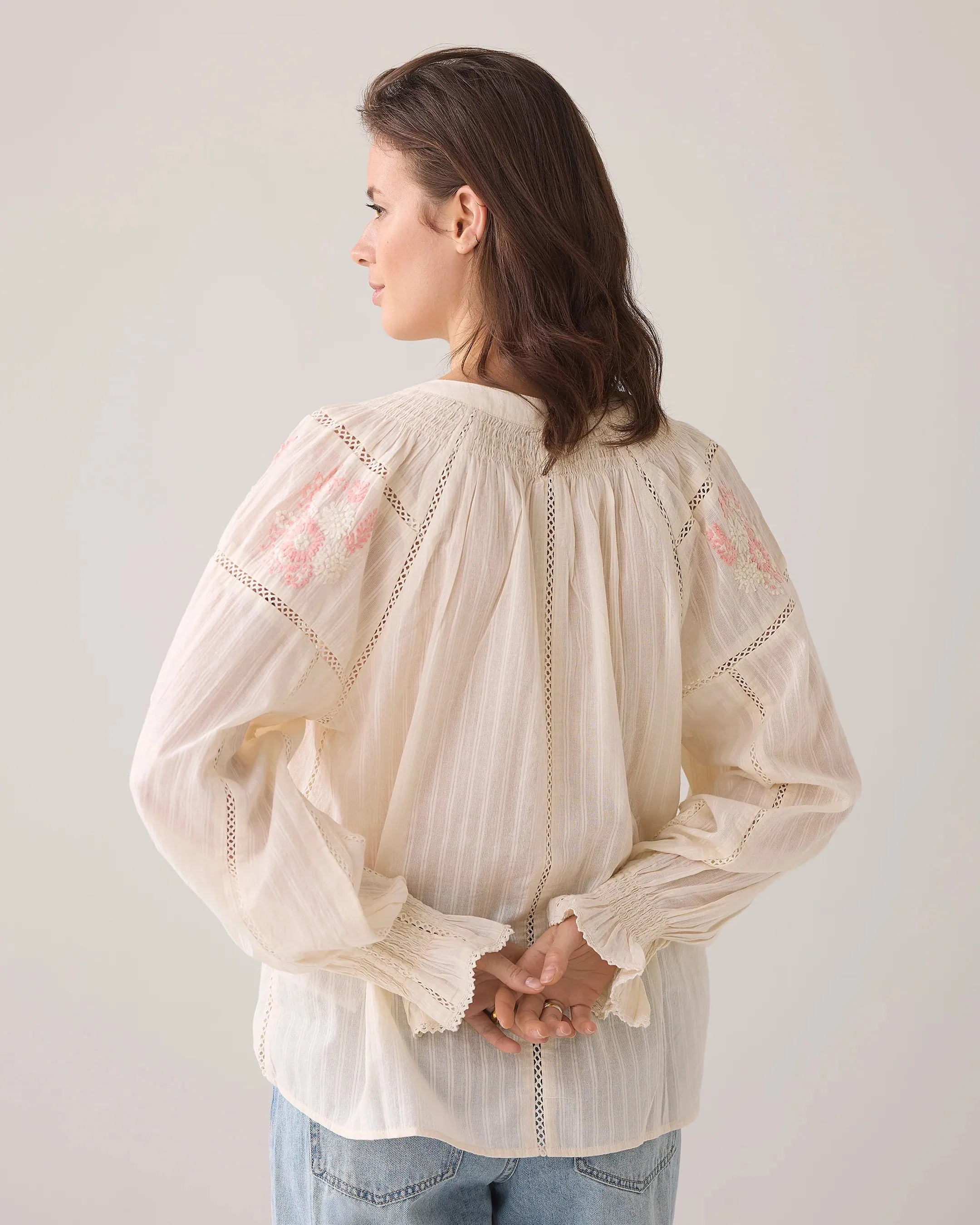 Summum Cream Boho Blouse With Pink Embroidered Flowers