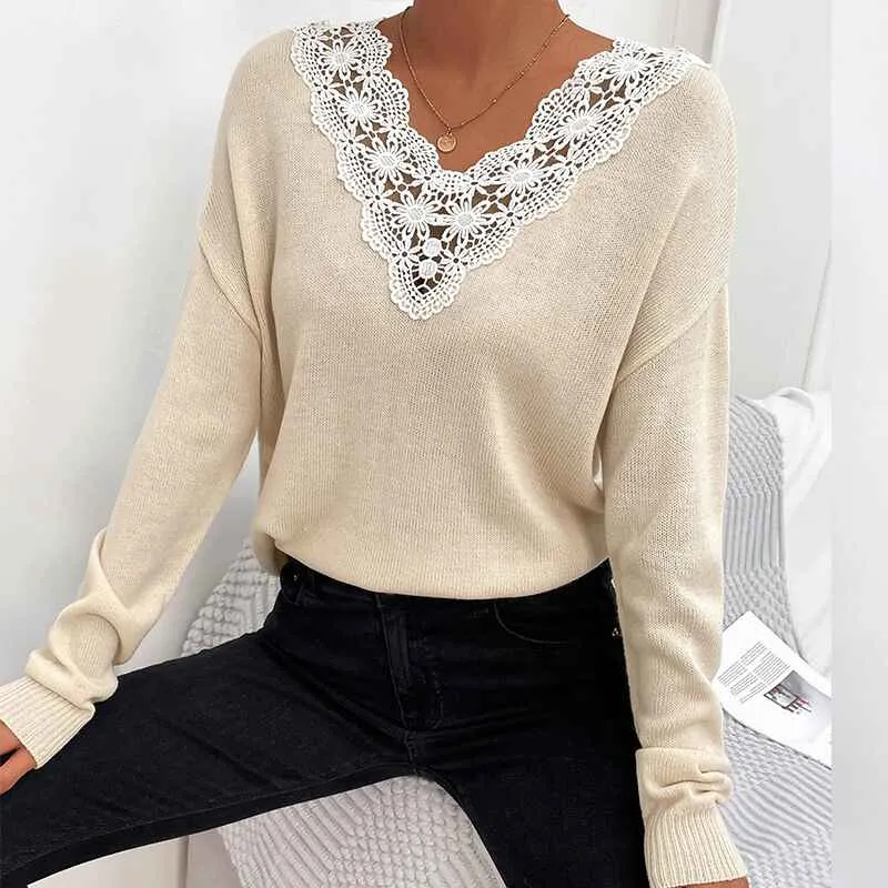 Sweaters for Women Lace V Neck Long Sleeve Tunic Tops for Leggings Fall Fashion K313