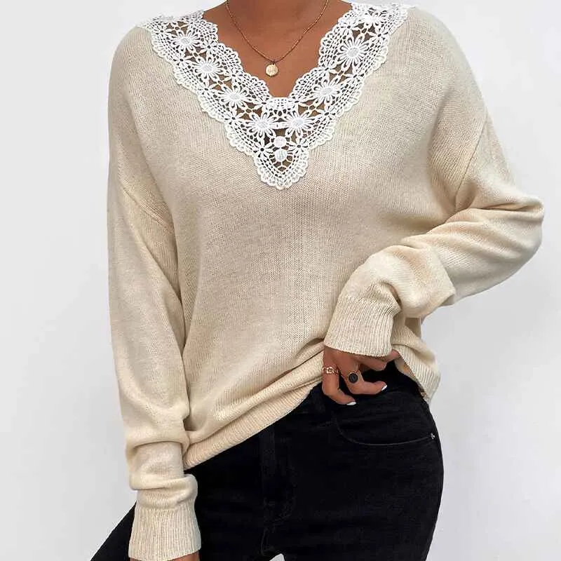 Sweaters for Women Lace V Neck Long Sleeve Tunic Tops for Leggings Fall Fashion K313
