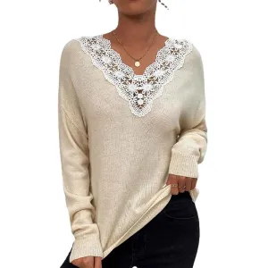 Sweaters for Women Lace V Neck Long Sleeve Tunic Tops for Leggings Fall Fashion K313