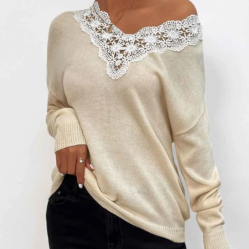 Sweaters for Women Lace V Neck Long Sleeve Tunic Tops for Leggings Fall Fashion K313