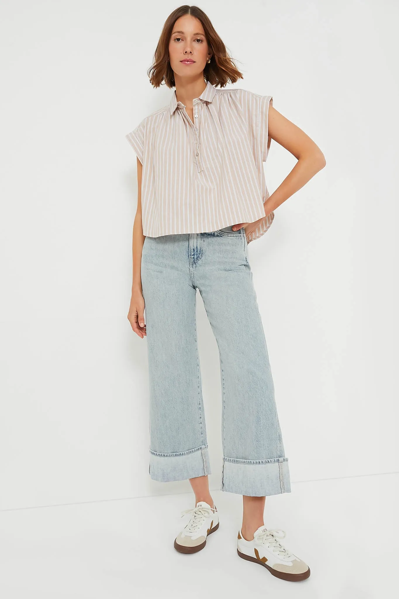 Tan Stripe Drop Shoulder Rosie Popover Top