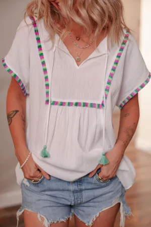 Tassel Tie Neck Short Sleeve Blouse