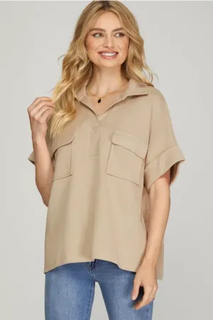 Taupe Relaxed Collar Top