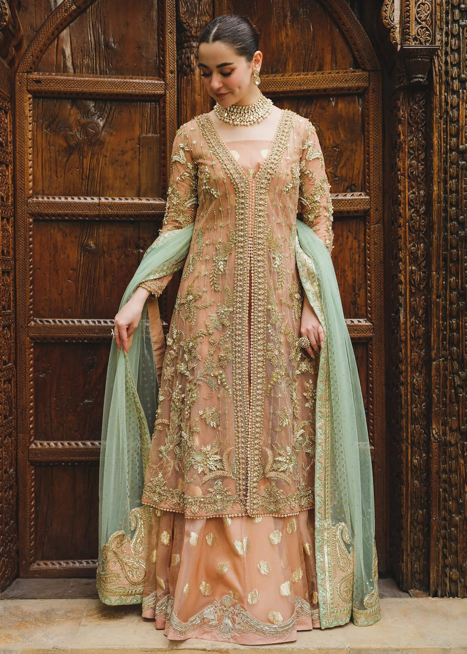 Tea Pink Embroidered Pakistani Wedding Dress in Gown Lehenga Style
