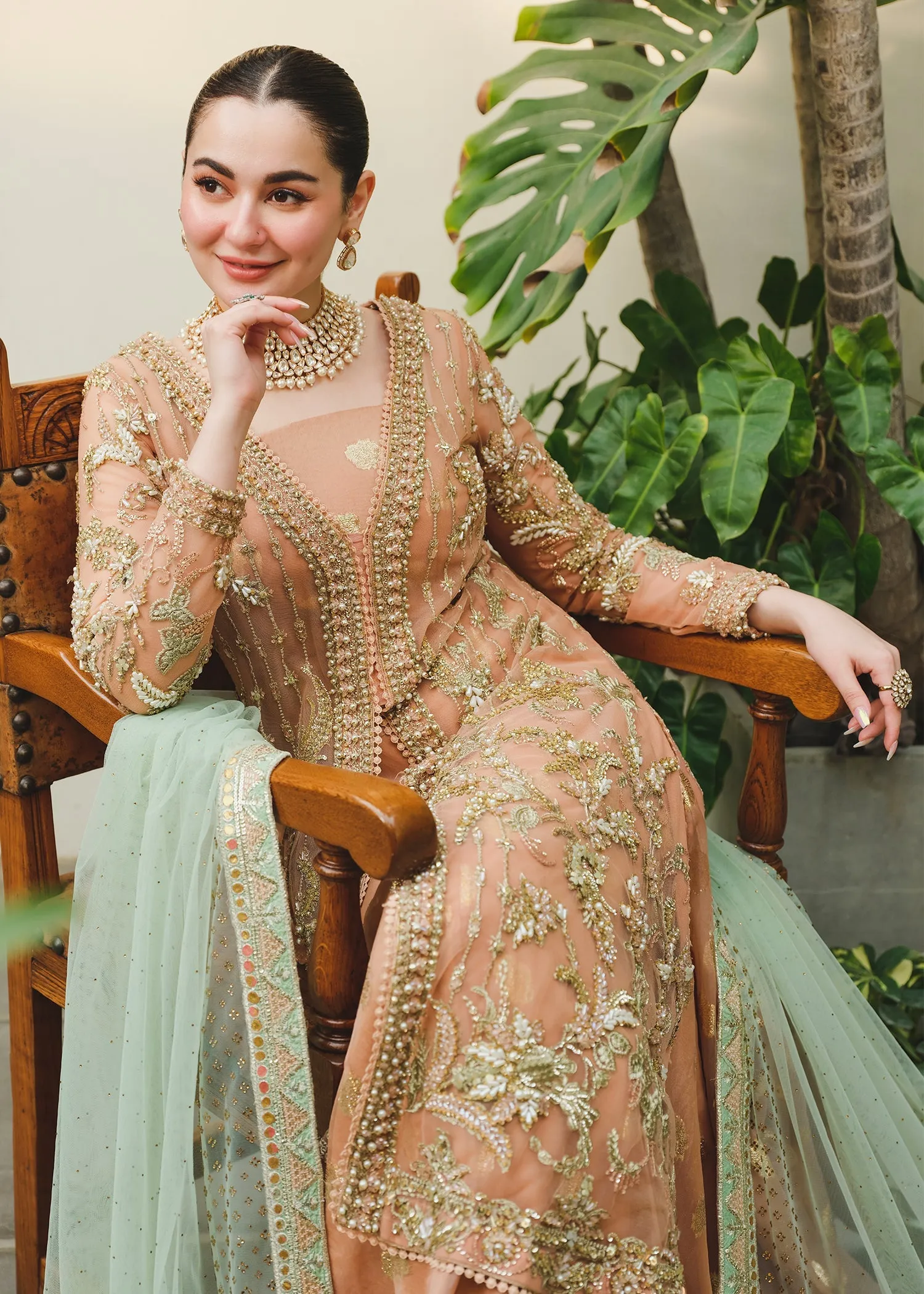 Tea Pink Embroidered Pakistani Wedding Dress in Gown Lehenga Style