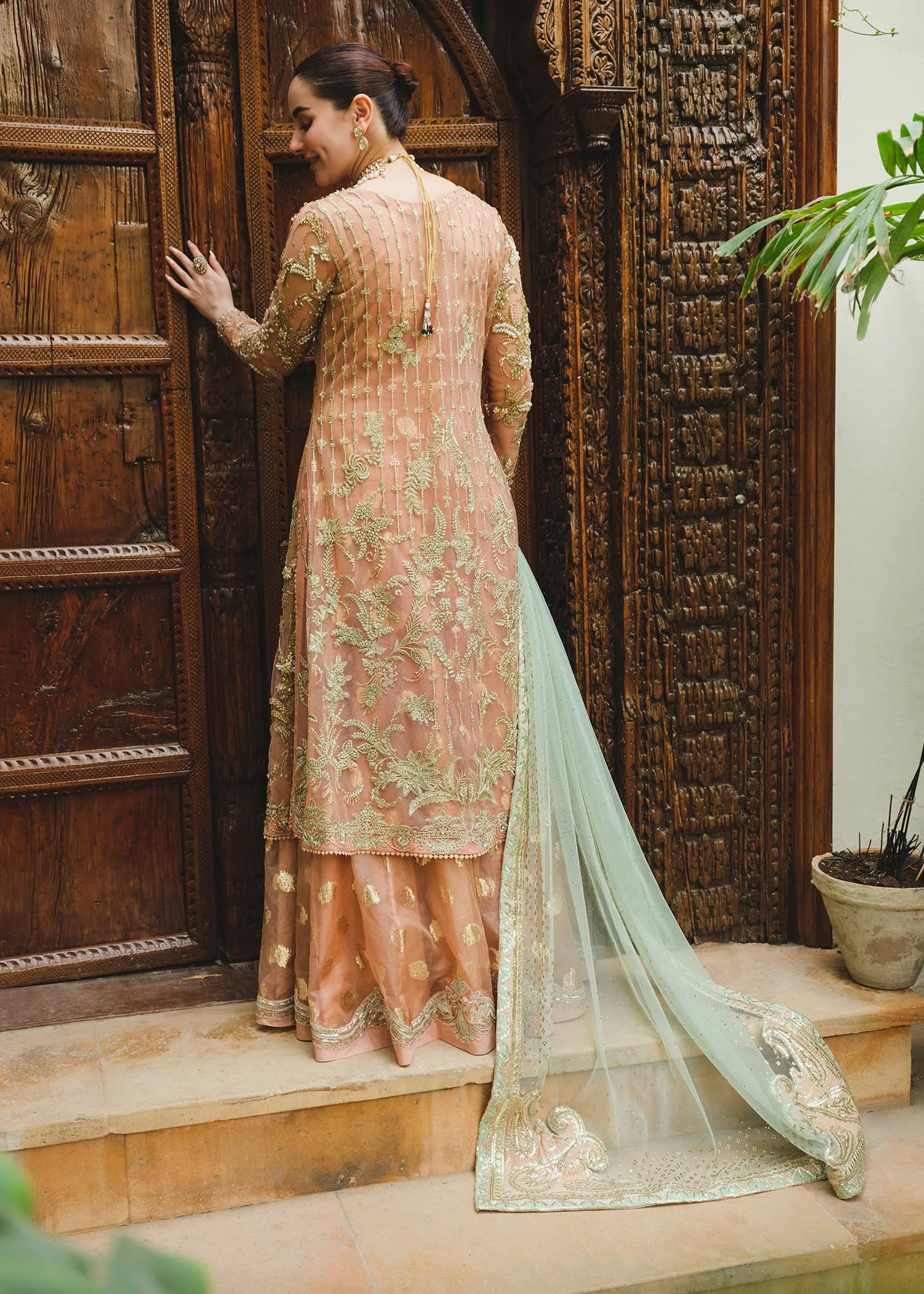 Tea Pink Embroidered Pakistani Wedding Dress in Gown Lehenga Style