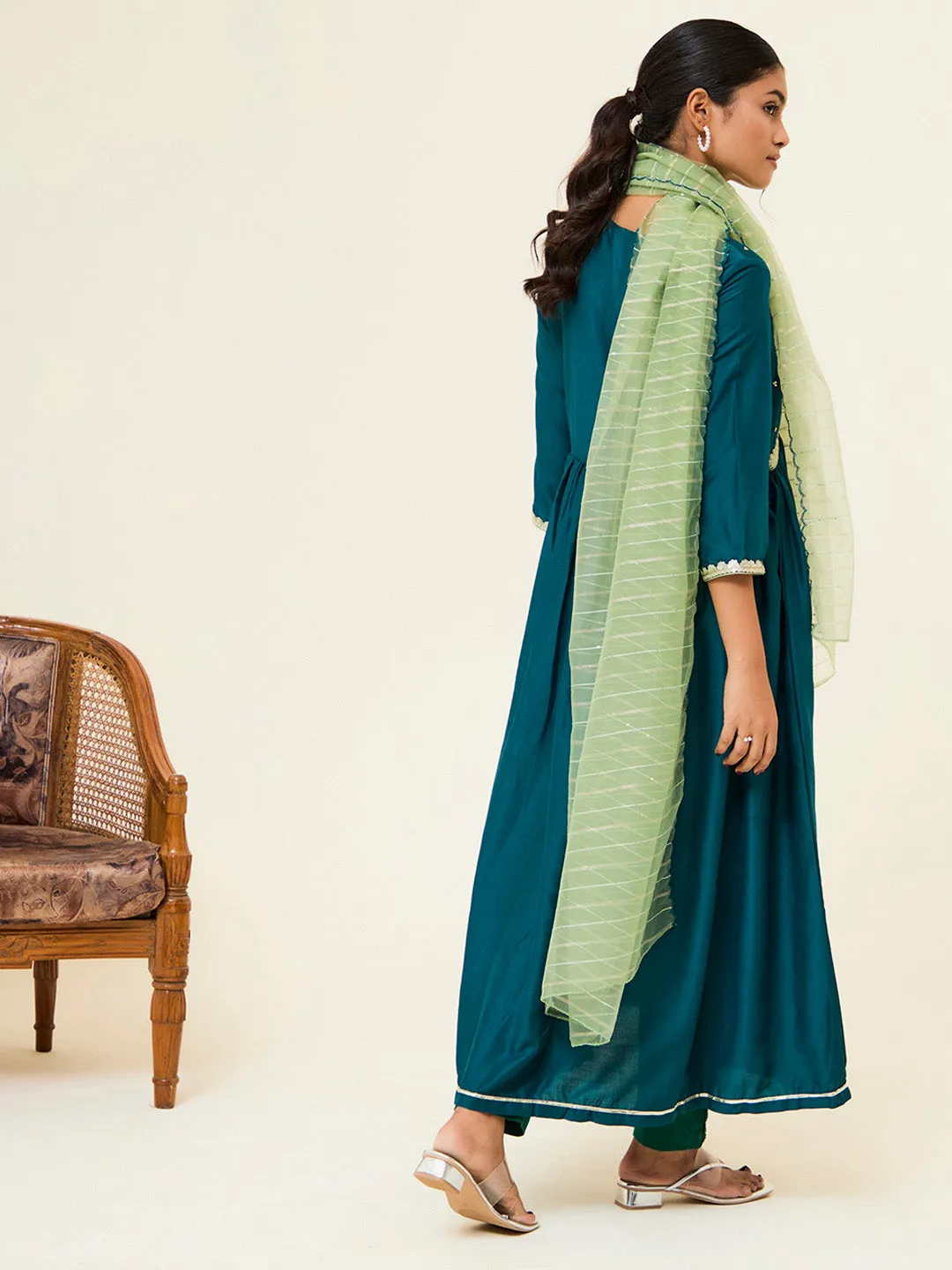Teal Embroidered Festive Kurta Set