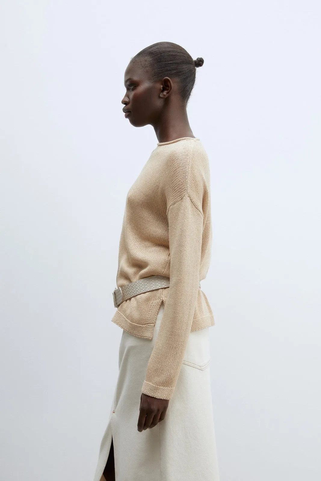 Trim detail plain sweater - Beige