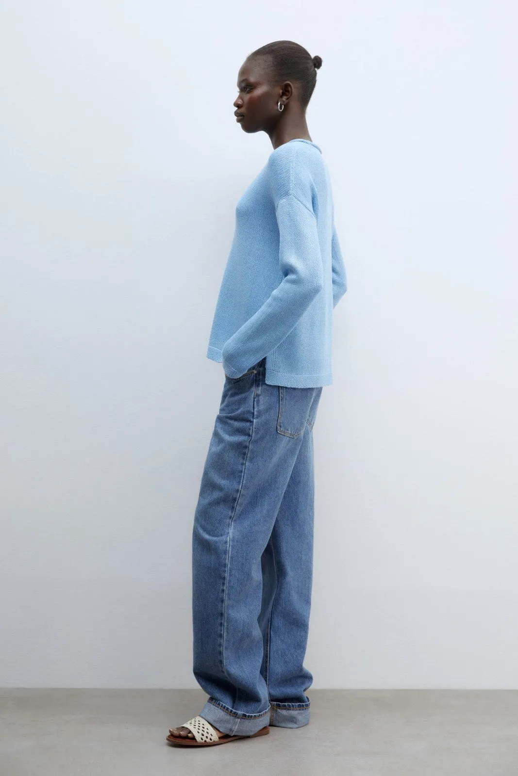 Trim detail plain sweater - Blue