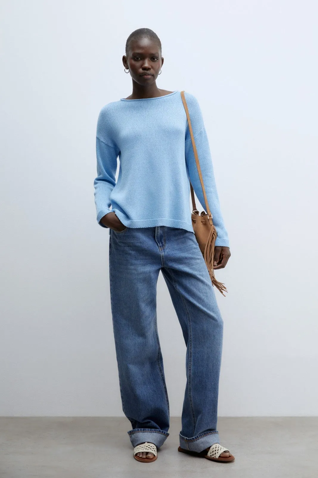 Trim detail plain sweater - Blue