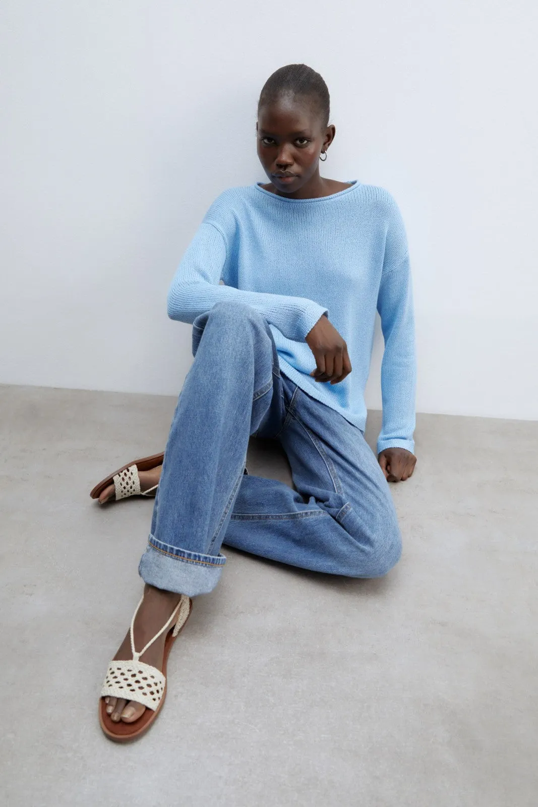 Trim detail plain sweater - Blue