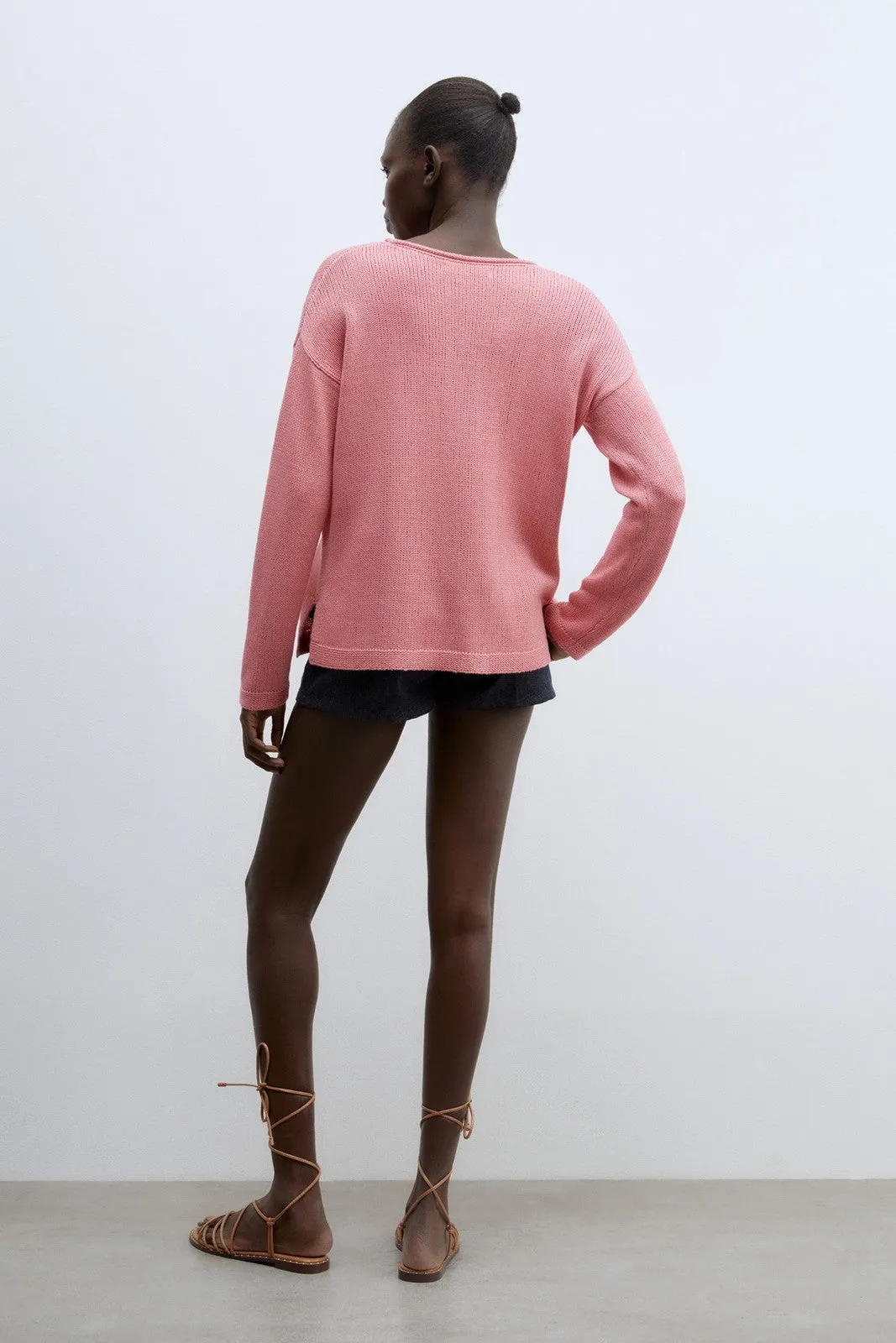 Trim detail plain sweater - Pink
