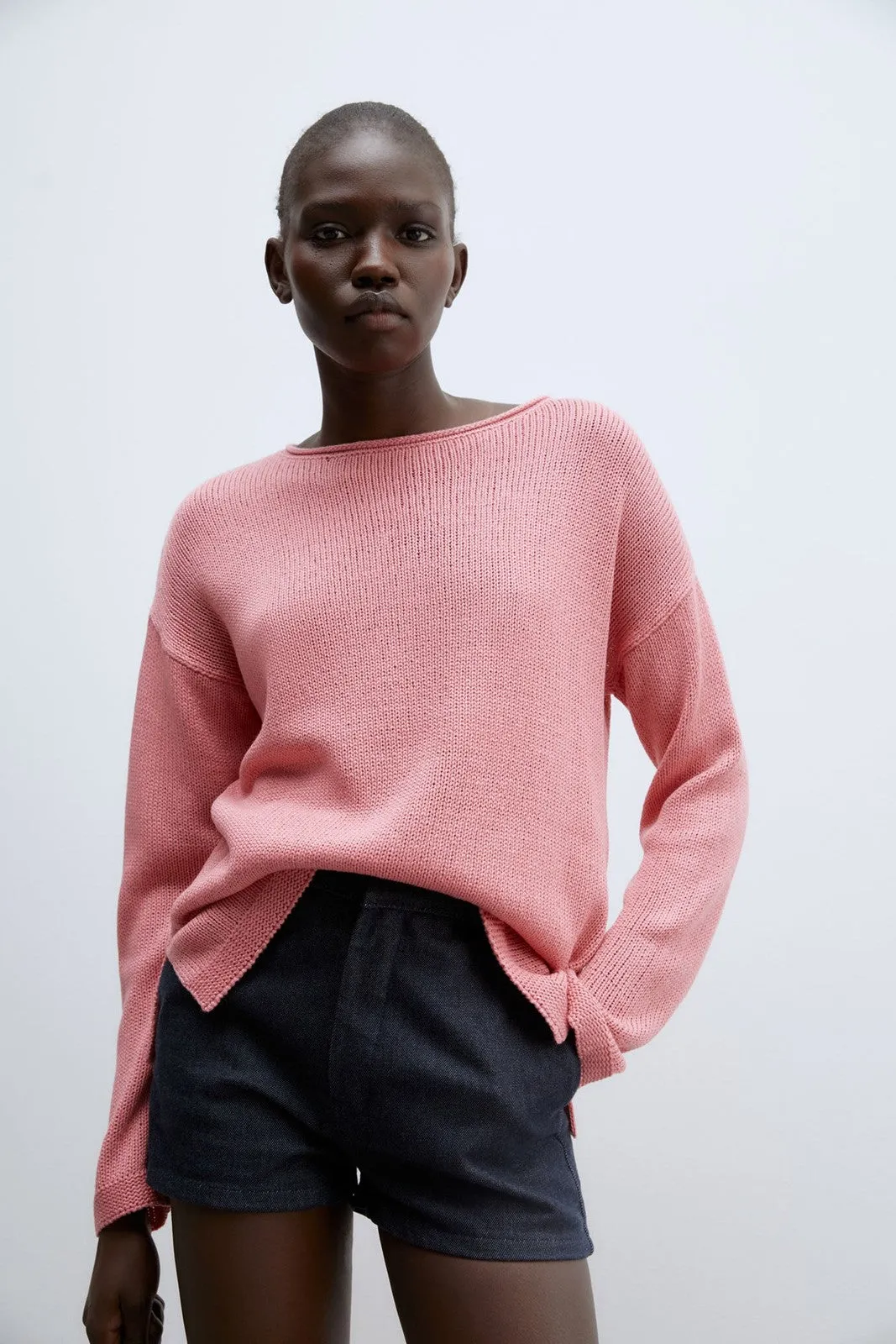 Trim detail plain sweater - Pink