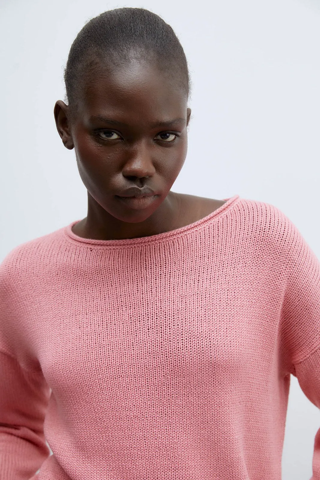 Trim detail plain sweater - Pink