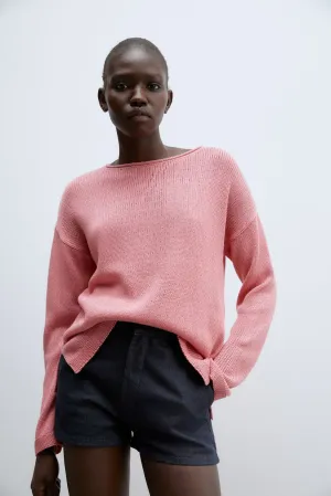 Trim detail plain sweater - Pink