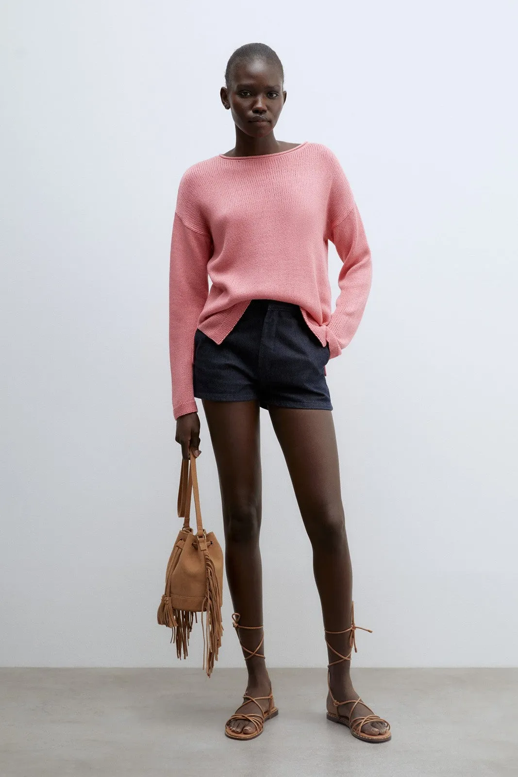 Trim detail plain sweater - Pink