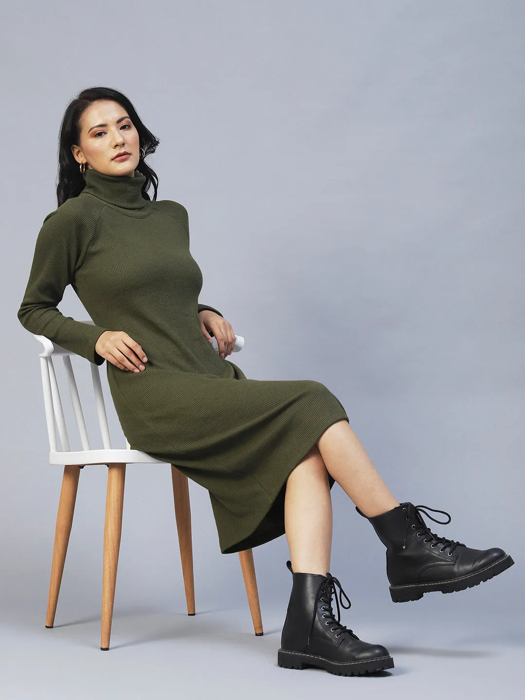 Turtle Neck Waffle Knit Bodycon Dress