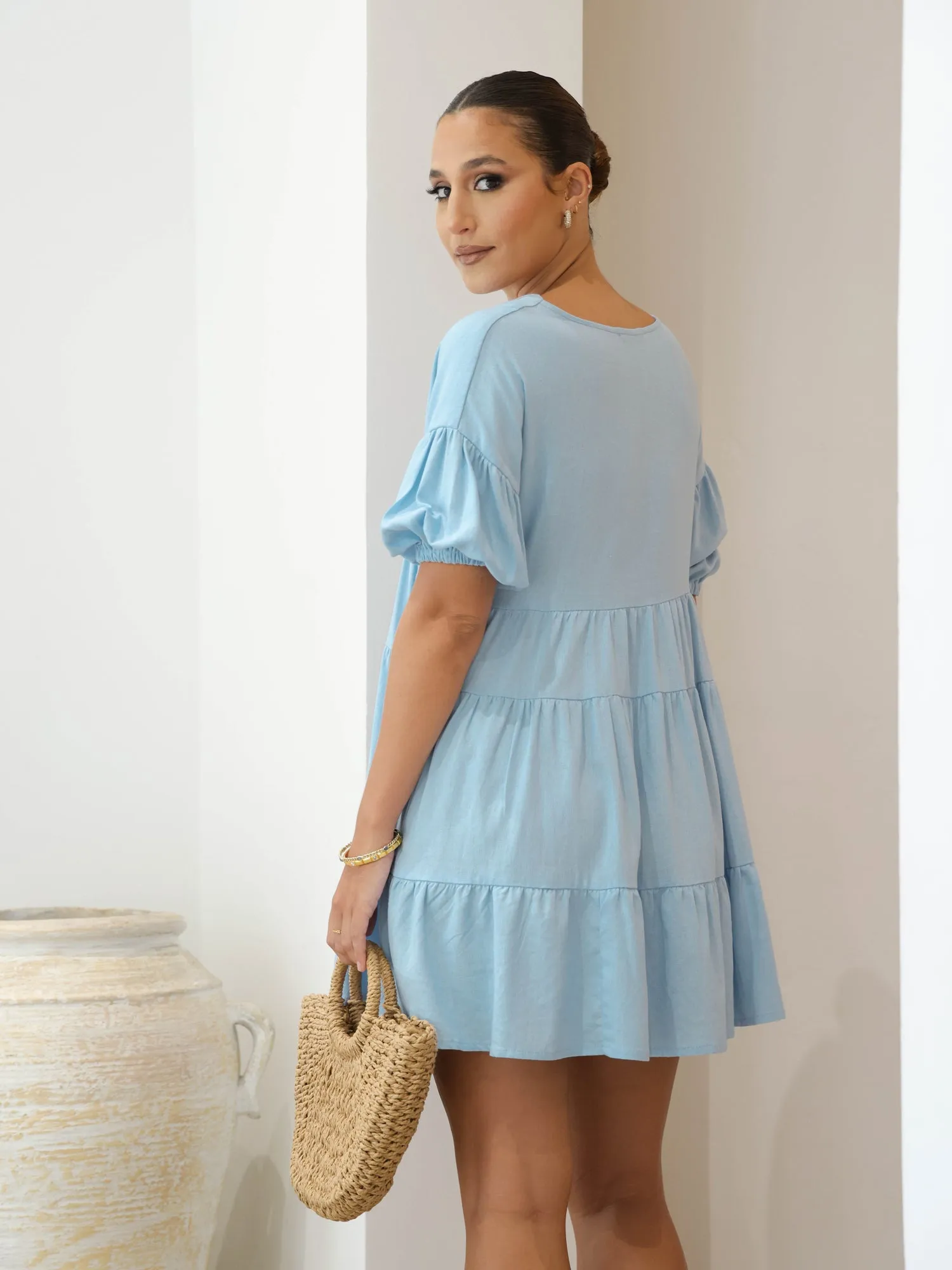 V Neck Balloon Sleeved Flared Mini Dress