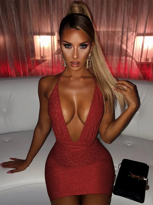 V-Neck Mini Dress with Backless Design and Glittery Texture