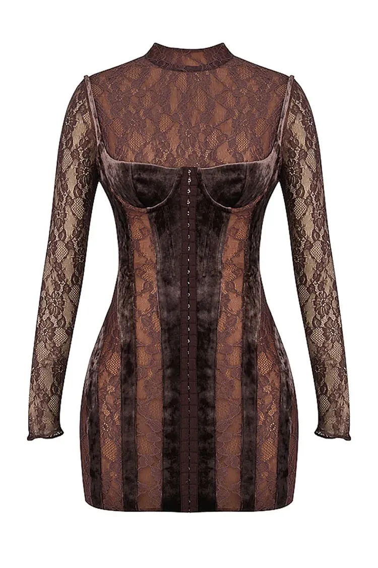 Velvet Patchwork Embroidery See Through Long Sleeve Bodycon Mini Dresses-Brown