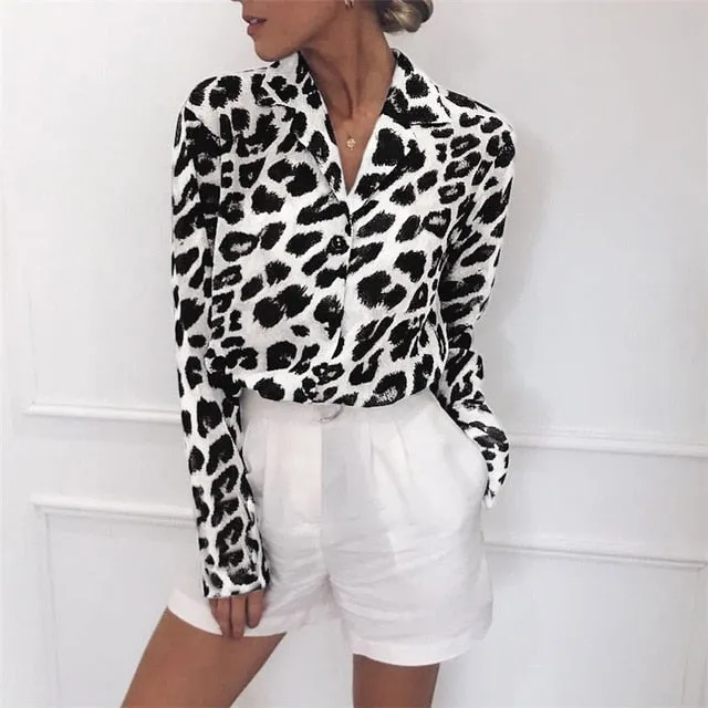 Vintage Blouse Long Sleeve Sexy Leopard Print Blouse Turn Down Collar Lady Office Shirt Tunic Casual Loose Tops Plus Size Blusas