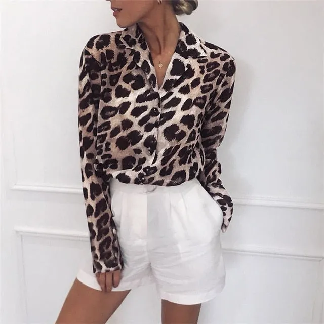 Vintage Blouse Long Sleeve Sexy Leopard Print Blouse Turn Down Collar Lady Office Shirt Tunic Casual Loose Tops Plus Size Blusas