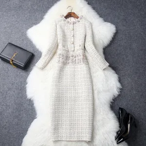 Vintage Long Sleeve Tweed Round Neck Diamond Slim Midi Bodycon Dresses