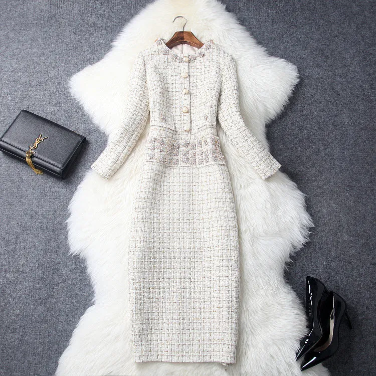 Vintage Long Sleeve Tweed Round Neck Diamond Slim Midi Bodycon Dresses