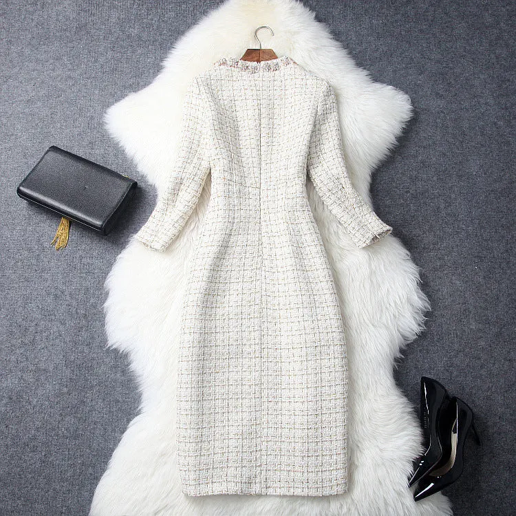 Vintage Long Sleeve Tweed Round Neck Diamond Slim Midi Bodycon Dresses