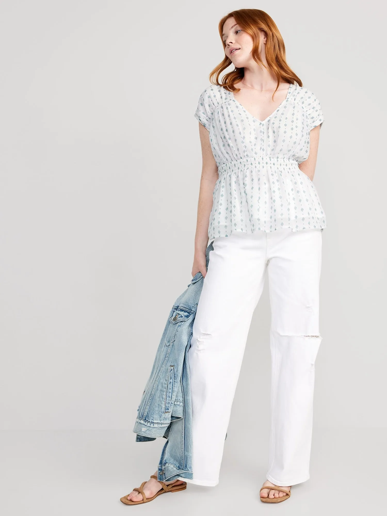 Waist-Defined Printed Dolman-Sleeve Top for Women