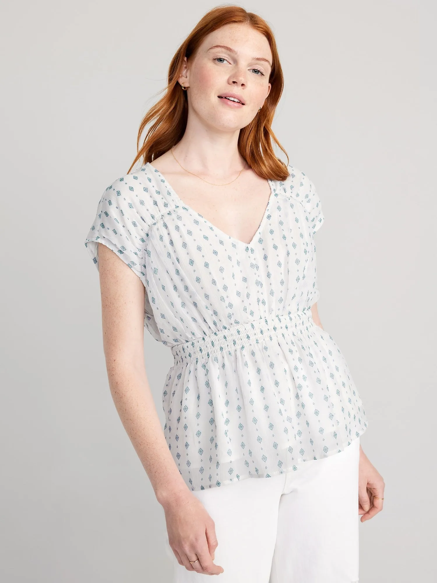 Waist-Defined Printed Dolman-Sleeve Top for Women