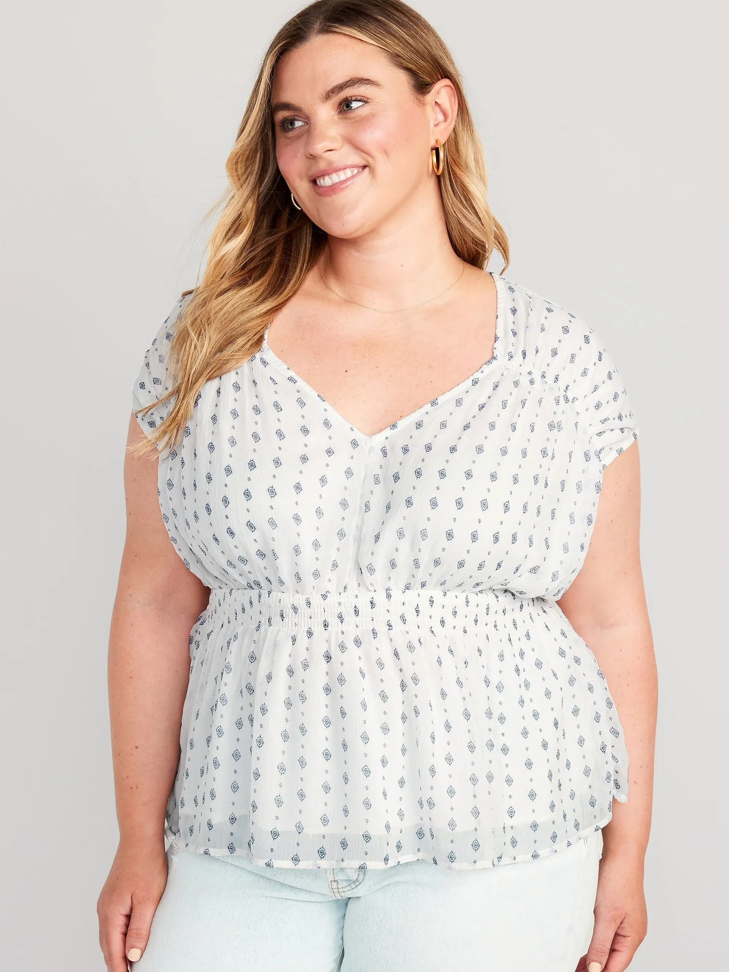 Waist-Defined Printed Dolman-Sleeve Top for Women