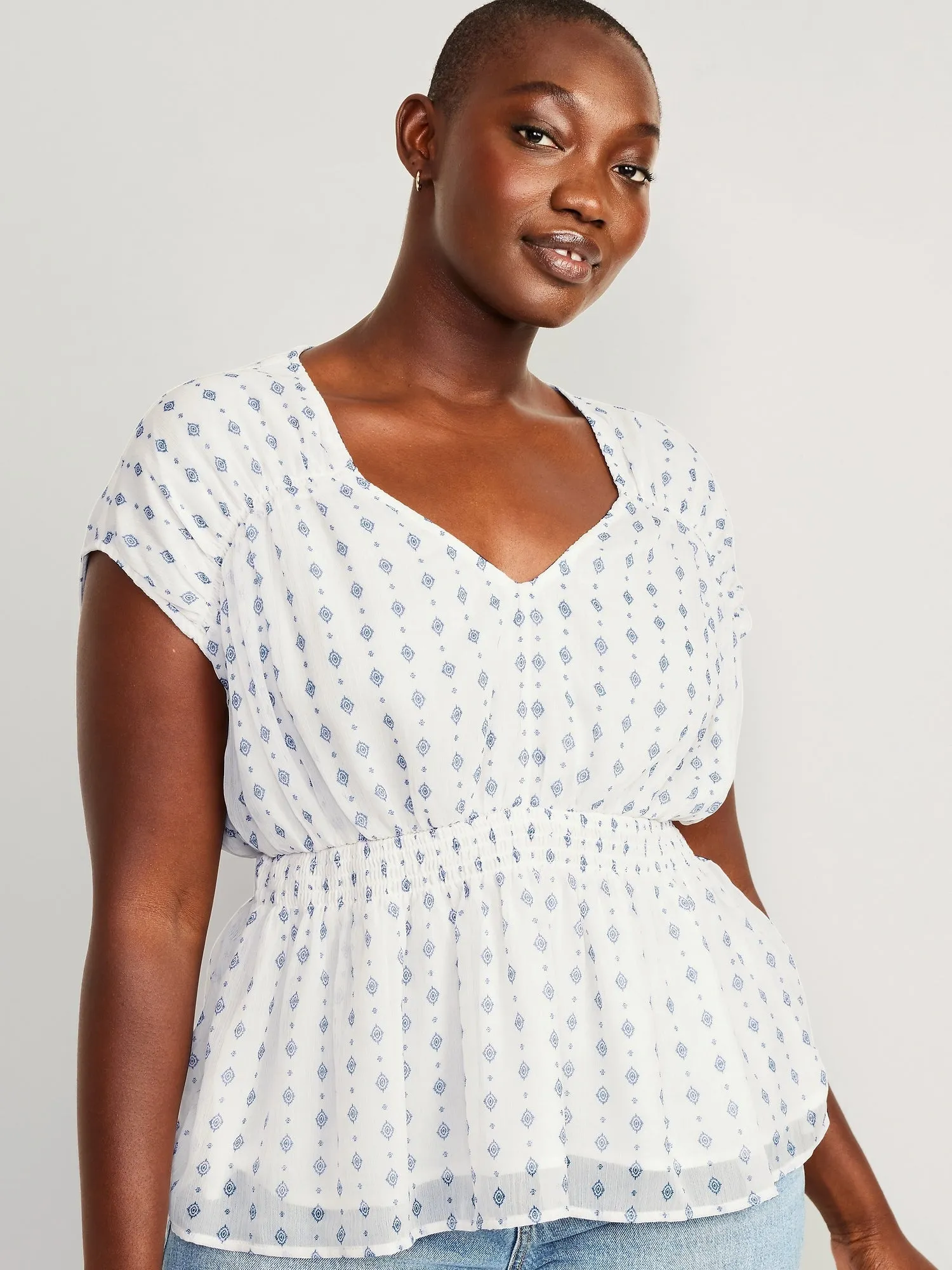 Waist-Defined Printed Dolman-Sleeve Top for Women