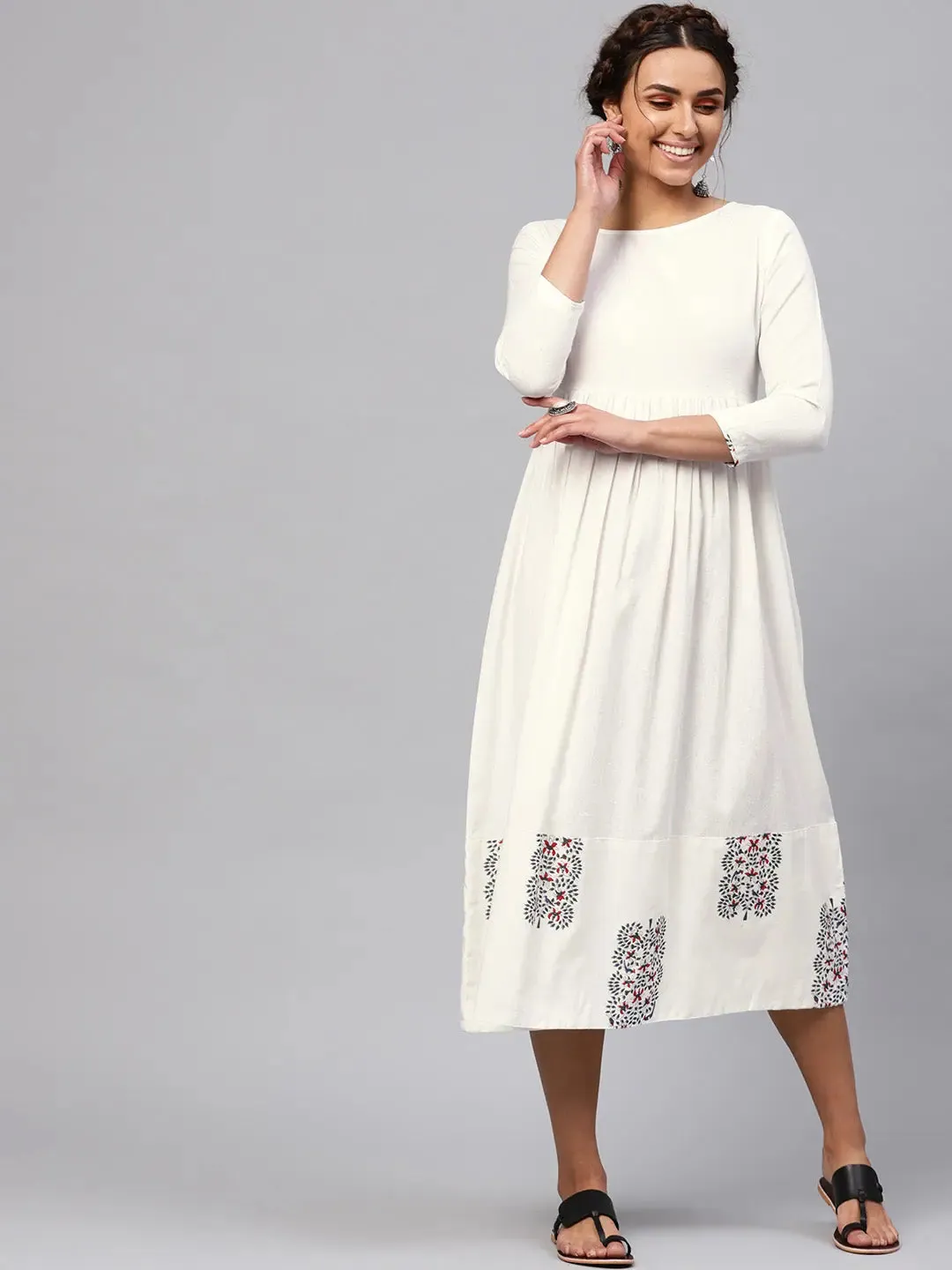 White Bird Print Gathered Midi