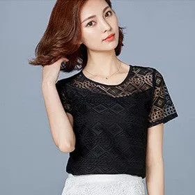 White Blouse Lace Chiffon Short Sleeve Summer Women Tops Fashion Korean Hollow Out Ladies Shirt Office Female Clothing