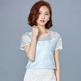 White Blouse Lace Chiffon Short Sleeve Summer Women Tops Fashion Korean Hollow Out Ladies Shirt Office Female Clothing