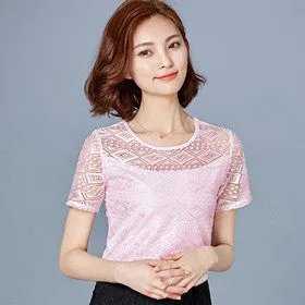 White Blouse Lace Chiffon Short Sleeve Summer Women Tops Fashion Korean Hollow Out Ladies Shirt Office Female Clothing