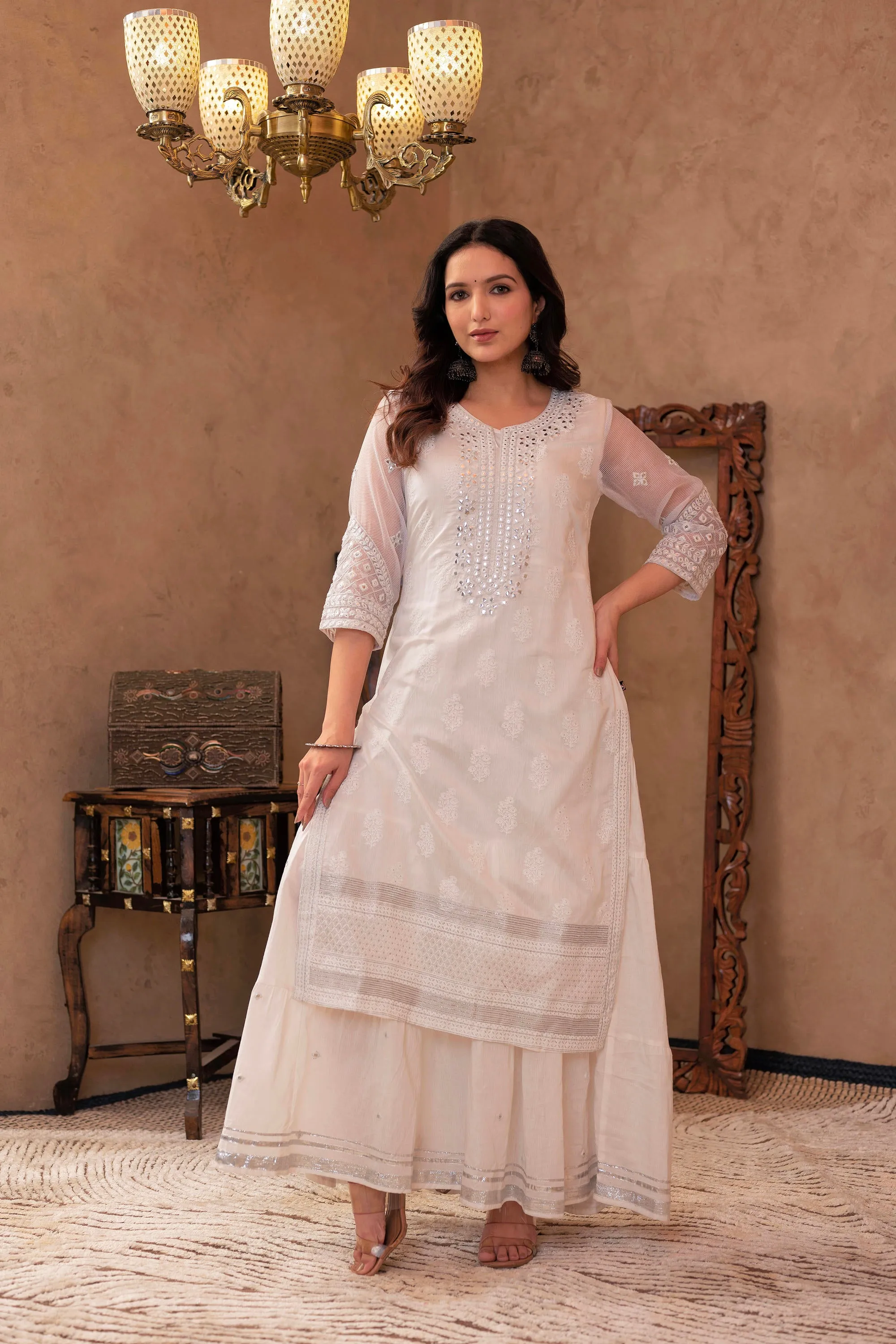 White Chanderi Mirror Embroidered Kurta with Gota Lace & Glitter Work